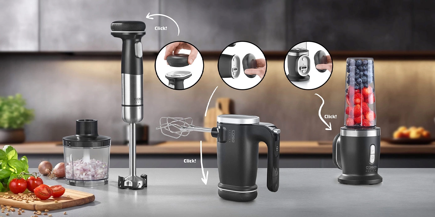 Küchengeräte-Set: Stabmixer, Handmixer und Smoothie-Maker mit Zubehör.