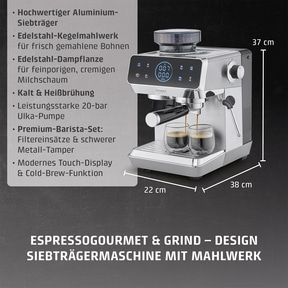 Espressomaschine mit Siebträger, Mahlwerk und Touch-Display