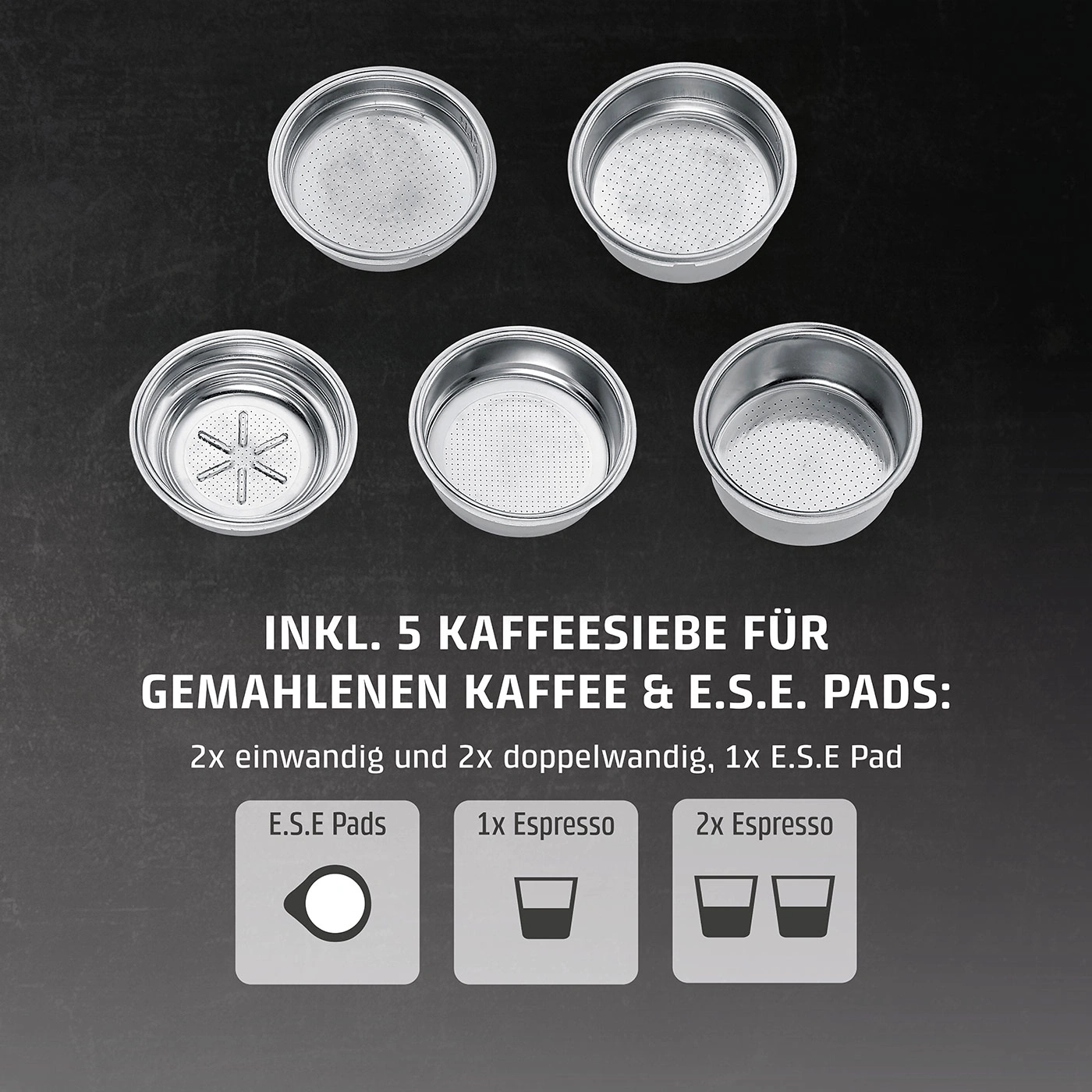 Kaffeesiebe für gemahlenen Kaffee und E.S.E. Pads, 5 Stück, 2x einwandig, 2x doppelwandig, 1x E.S.E Pad