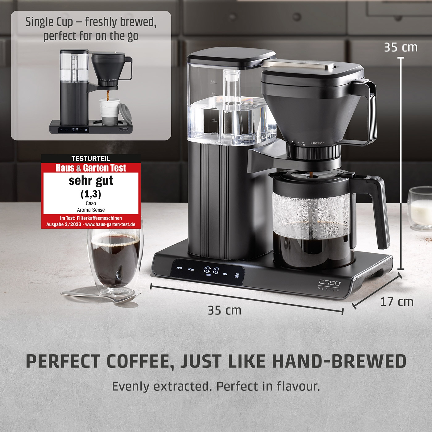 Coffee machine with glass carafe and digital display for coffee preparation