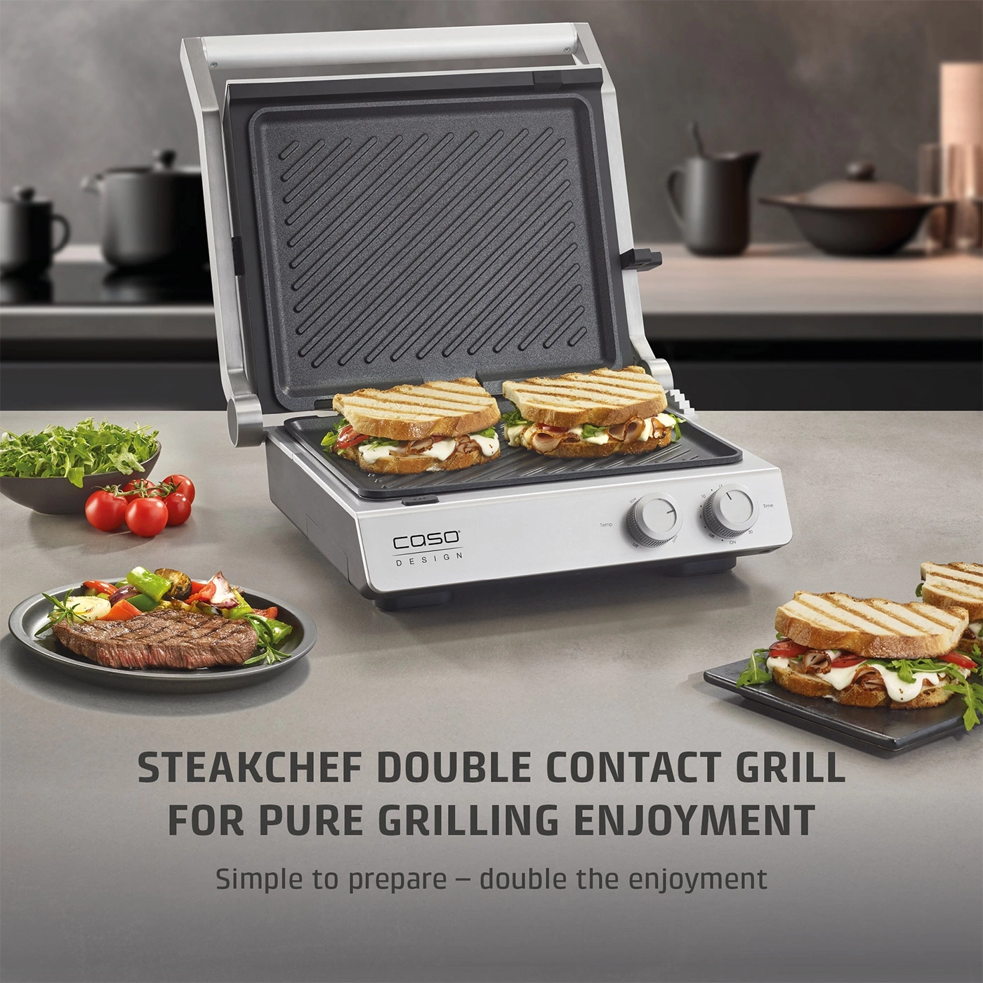 A Steakchef double contact grill with sandwiches and steak.