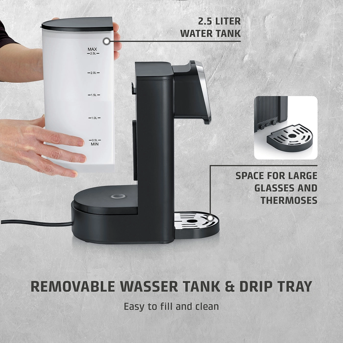Coffee machine with removable water tank and drip tray, space for large glasses or thermoses.