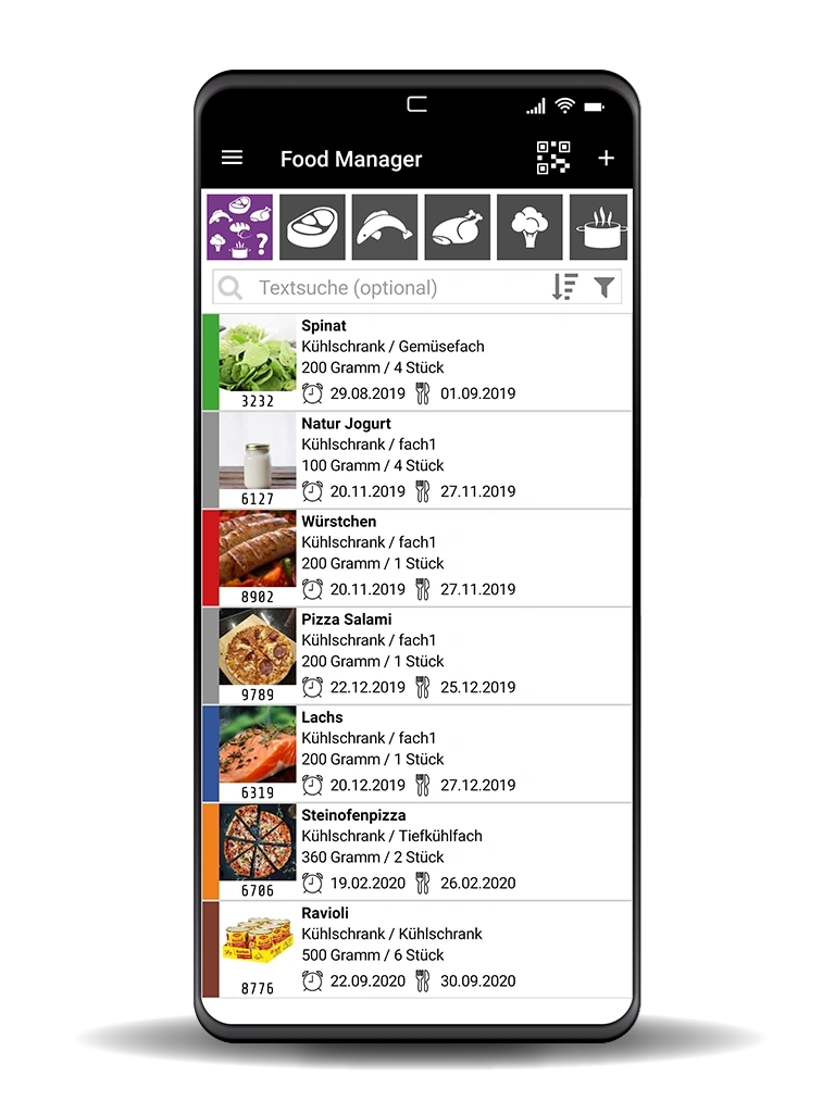 Lebensmittel-Manager-App mit Spinat, Joghurt, Würstchen, Pizza, Lachs, Steinofenpizza und Ravioli.