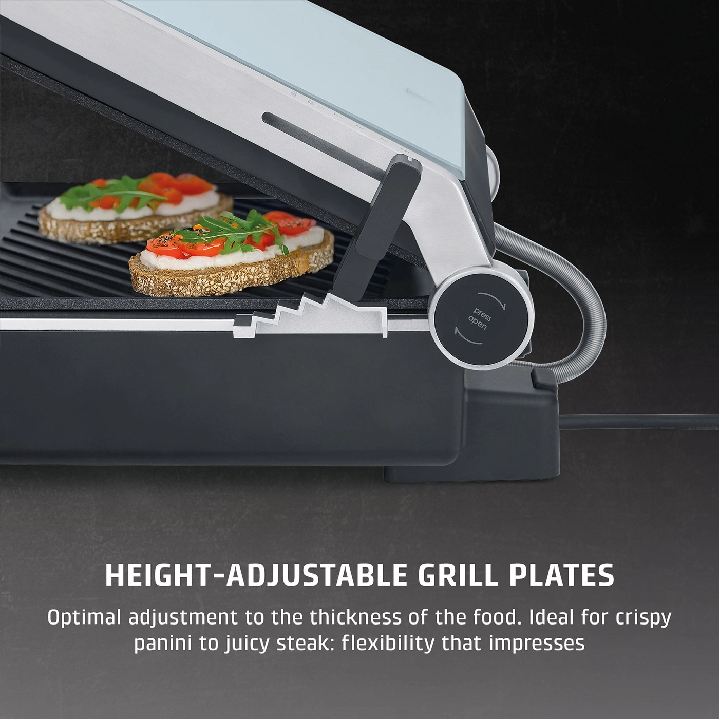 Grill with two sandwiches and detailed description of the grill plates.