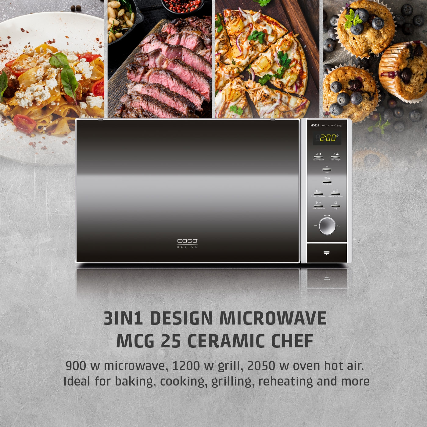 Microwave with food, 3in1 design, MCG 25 Ceramic Chef, 900W, 1200W grill, 2050W hot air