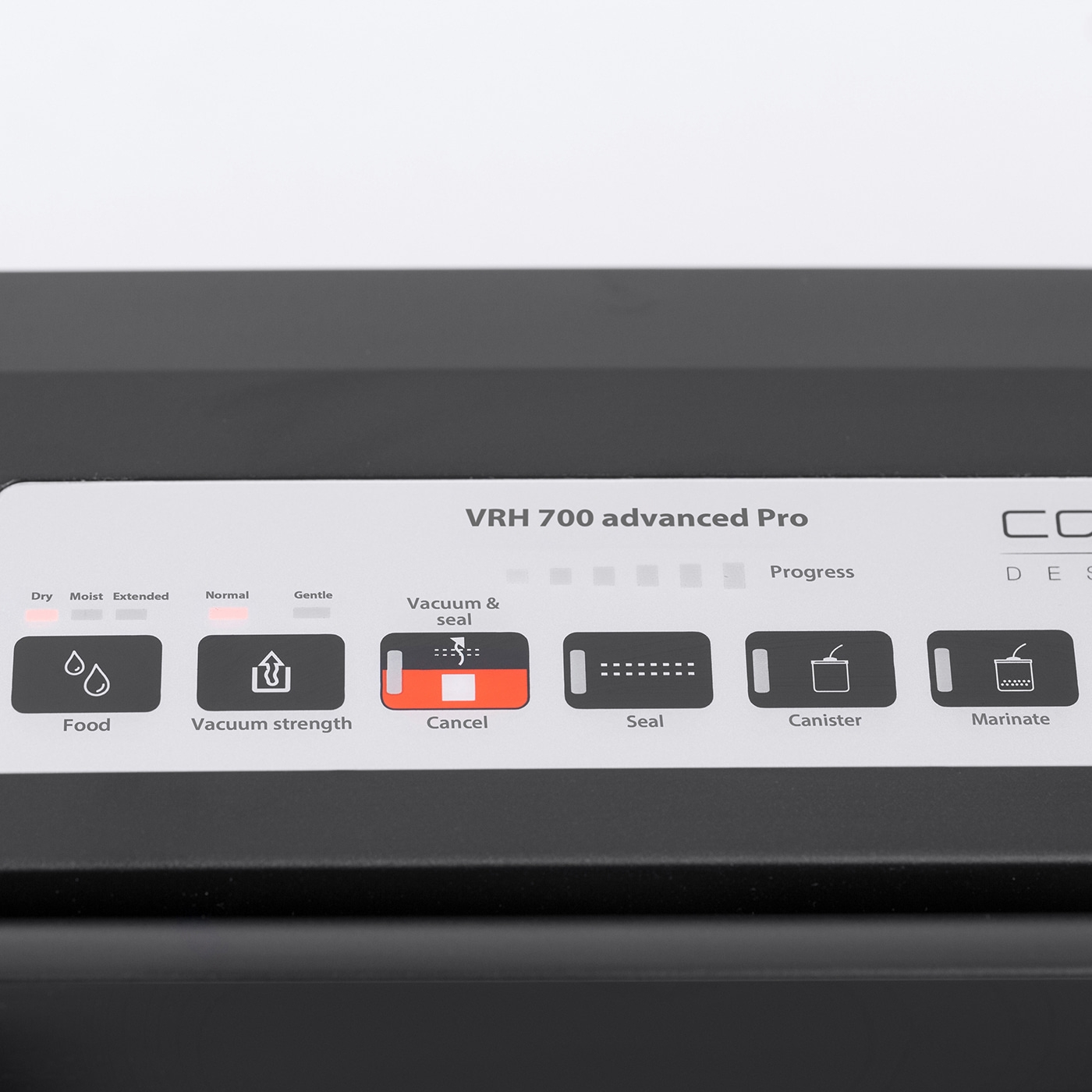 Vacuum sealer with buttons for food, vacuum strength, cancel, seal, canister, and marinate options.