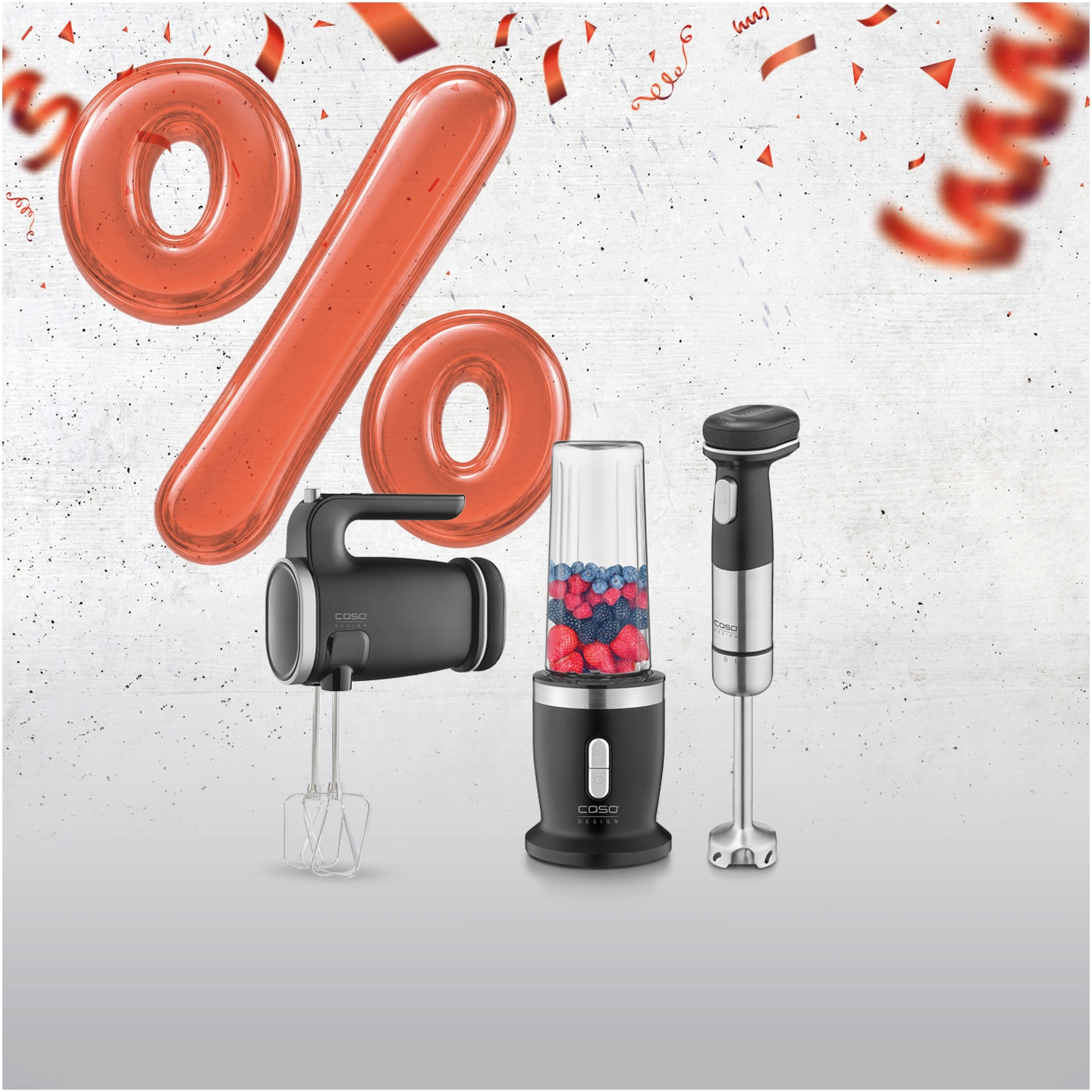 Percentage sign over kitchen appliances like blender and hand mixer