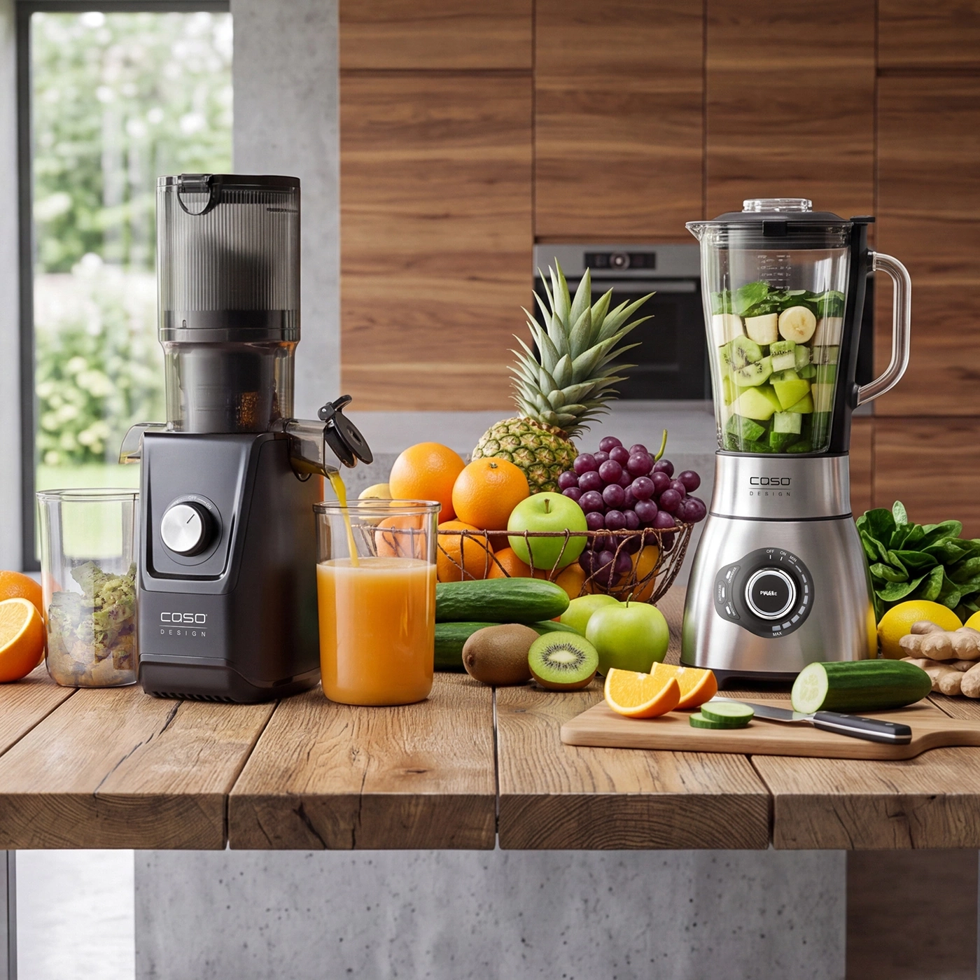 Entsafter und Mixer mit frischem Obst und Gemüse auf Holztisch