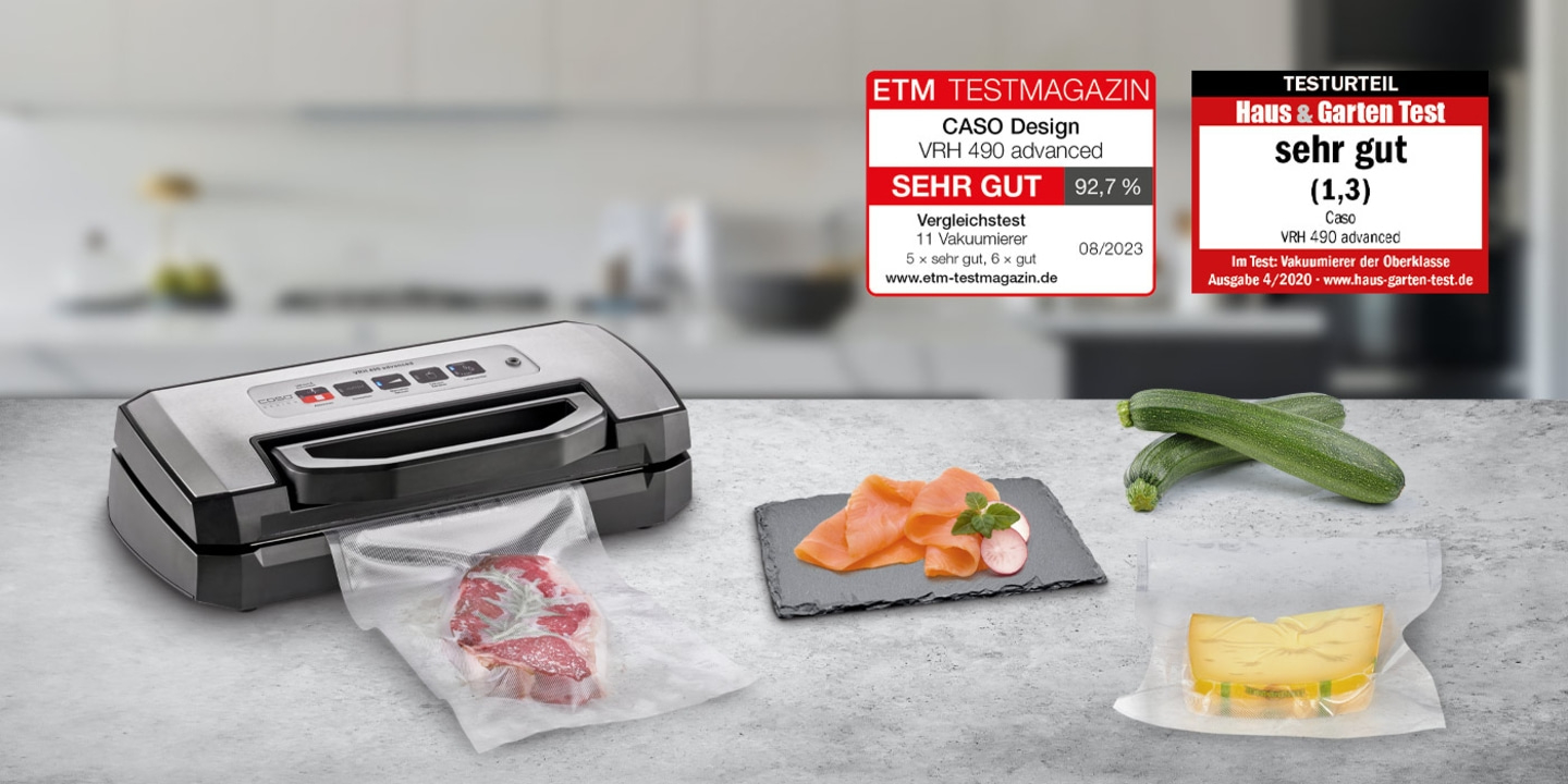 Vacuum sealer with rating, meat, salmon, zucchini and cheese.