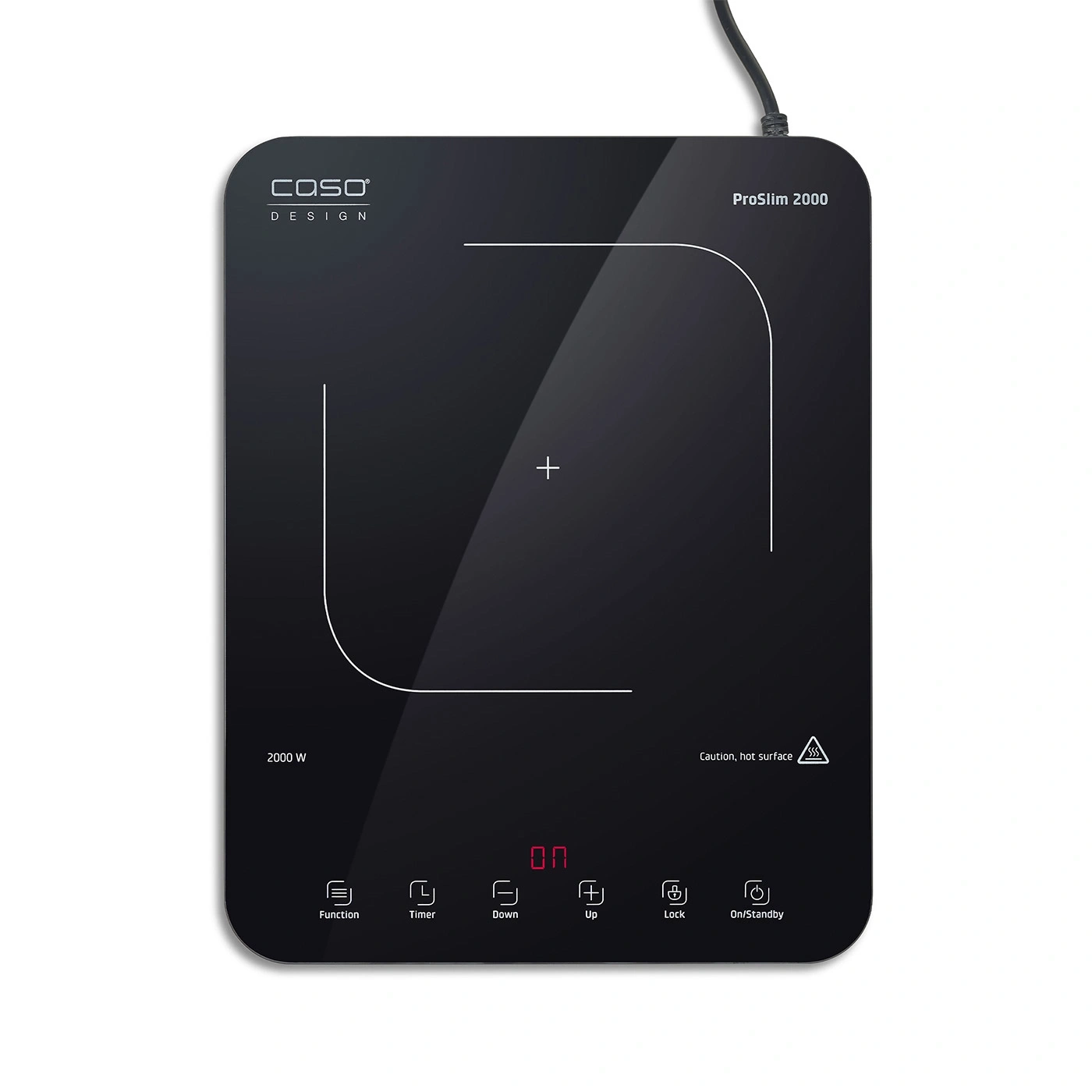 Black induction cooktop with control panel, ProSlim 2000, 2000W, warning, buttons, design.