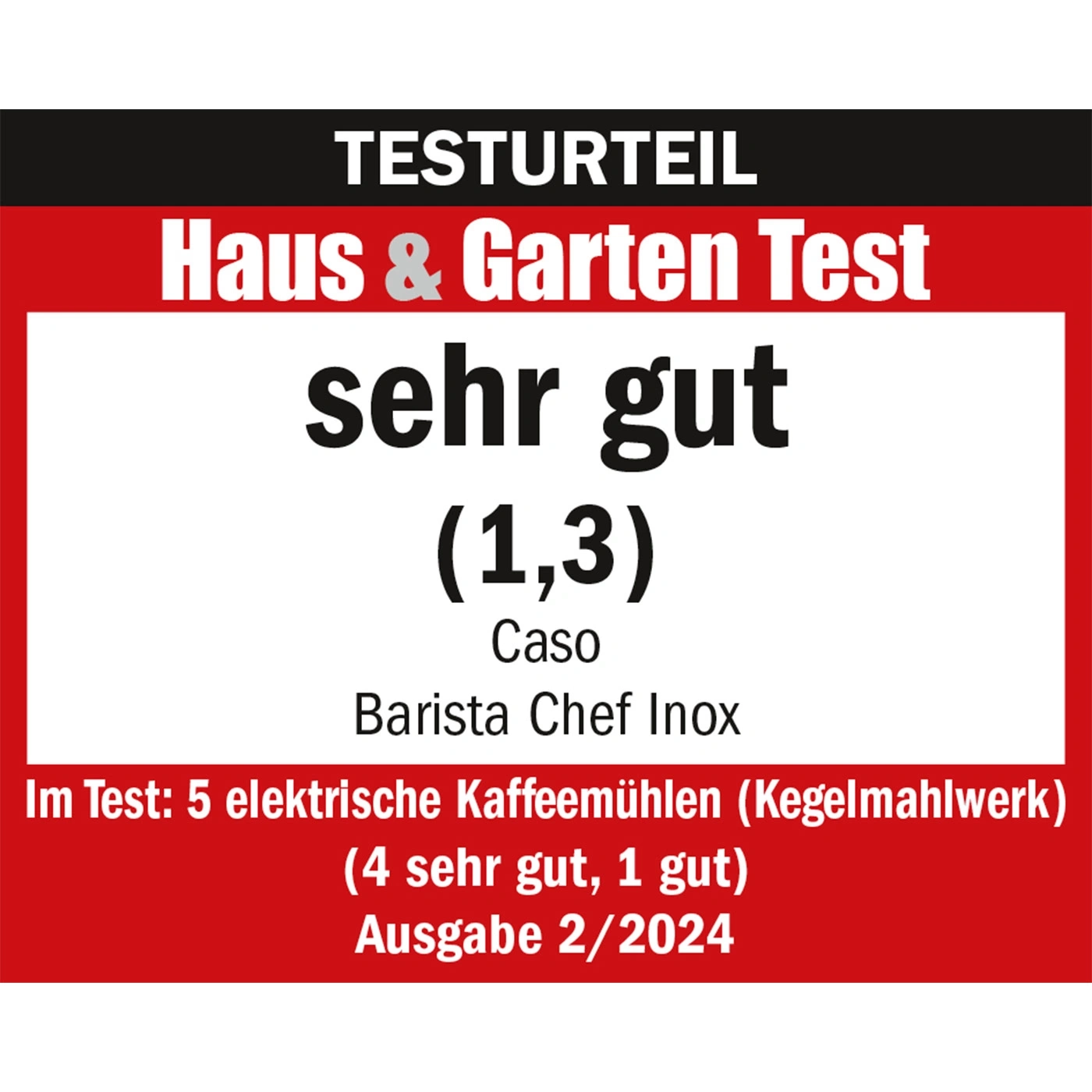 Testurteil Haus & Garten Test, sehr gut (1,3), Caso Barista Chef Inox, Ausgabe 2/2024