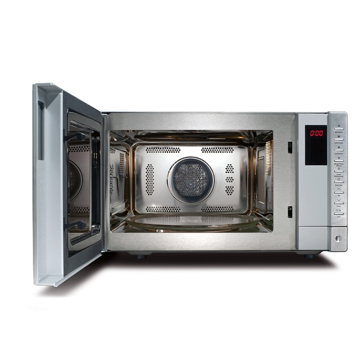 Microwave with open door, interior, control panel, stainless steel, isolated