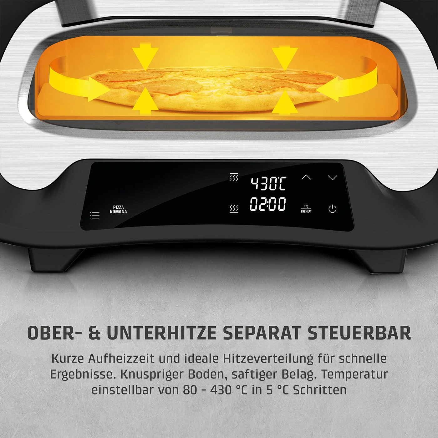 Pizzaofen mit Temperaturanzeige und Text: Ober- & Unterhitze separat steuerbar
