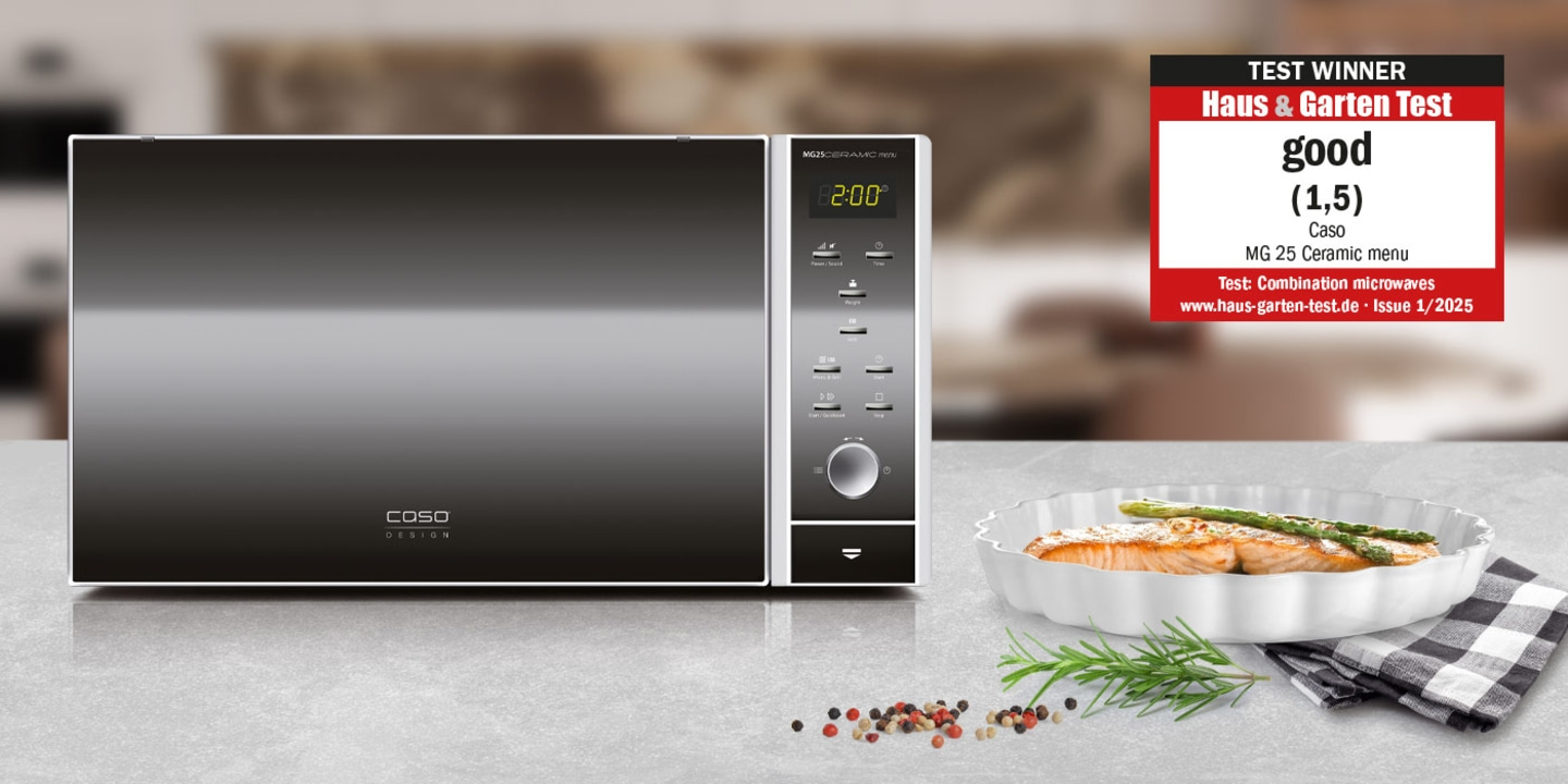 Microwave with 'good' rating and food on a plate in the image