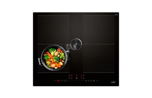 Induction hob with pot of vegetables and controls.