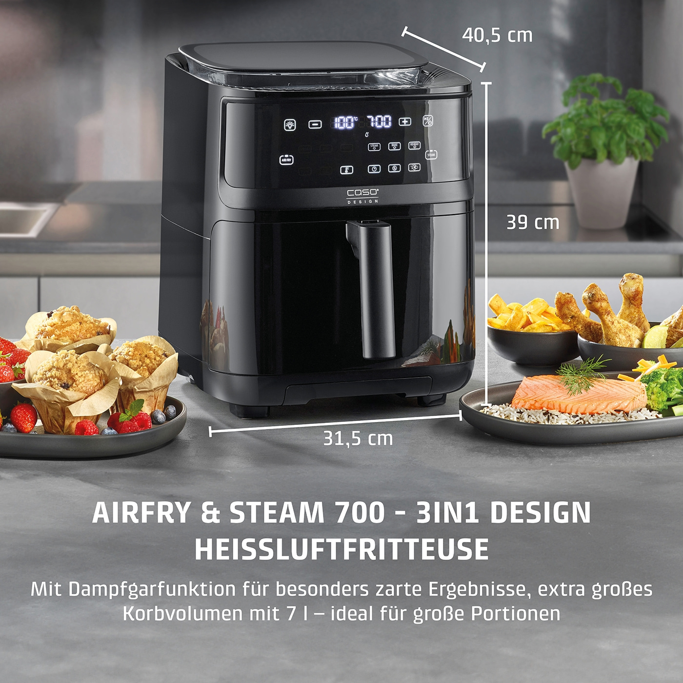 Black air fryer with food, dimensions, and text. Airfry & Steam 700 - 3in1 design.
