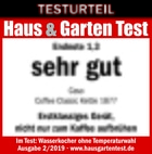 Testurteil Haus & Garten Test, Endnote 1,3, sehr gut, Caso Coffee Classic Kettle 1877, erstklassiges Gerät.