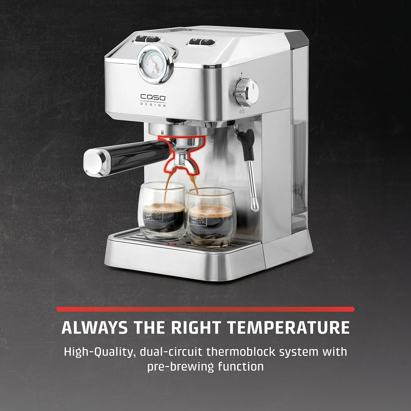 Espresso machine with temperature gauge and text: Always the right temperature.