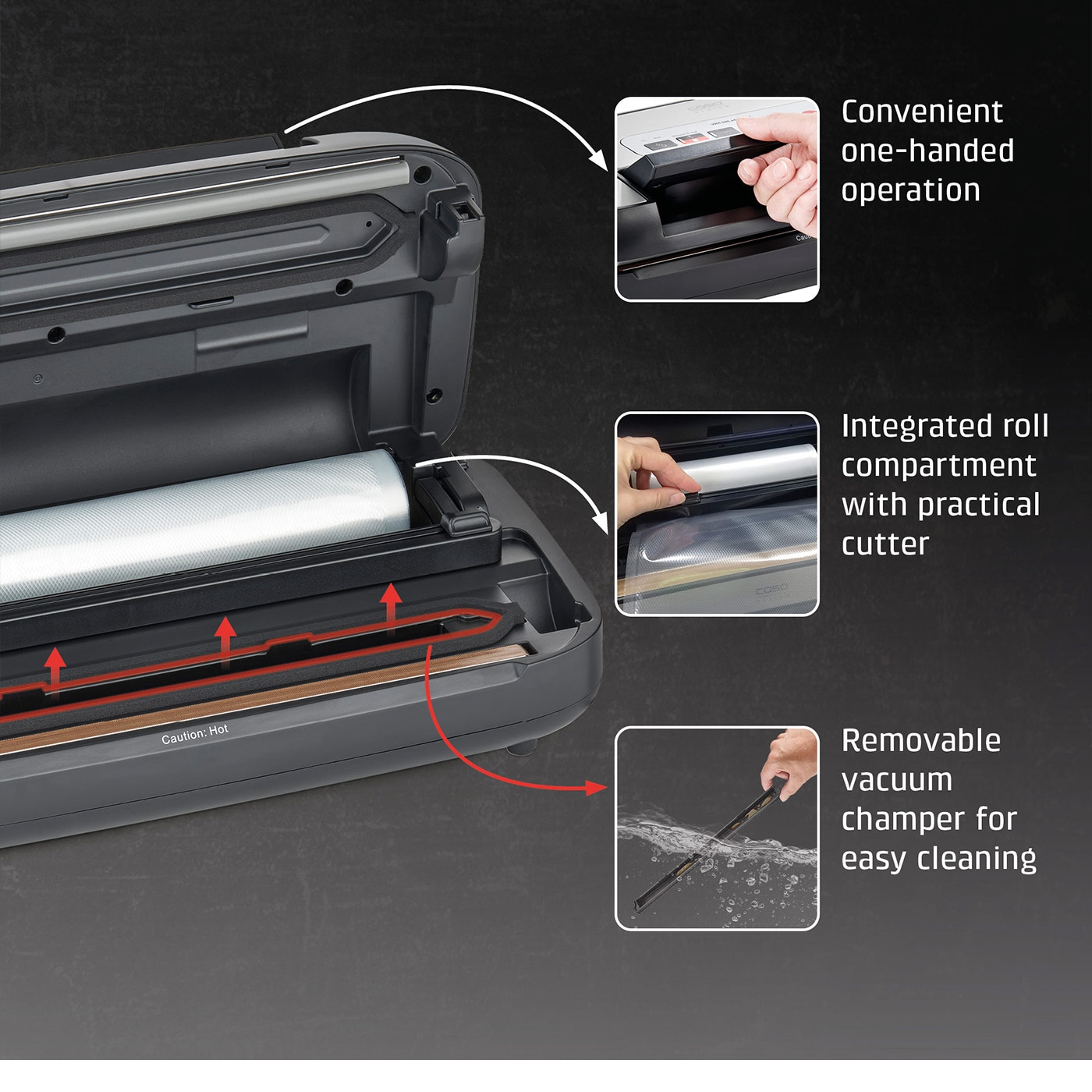 Vacuum sealer with practical operation, roll compartment, and easy cleaning.