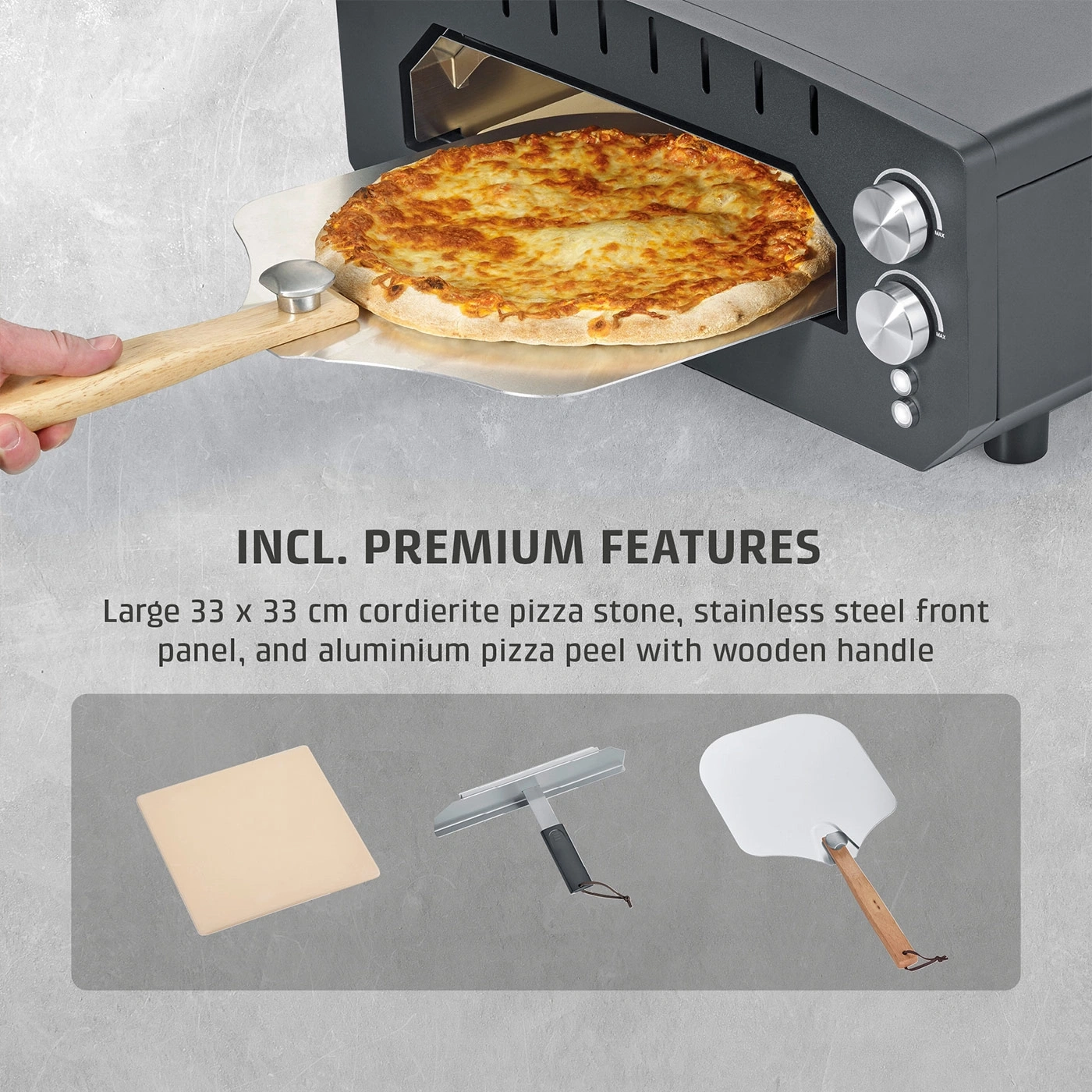 A man removes a pizza from a pizza oven with a pizza peel.