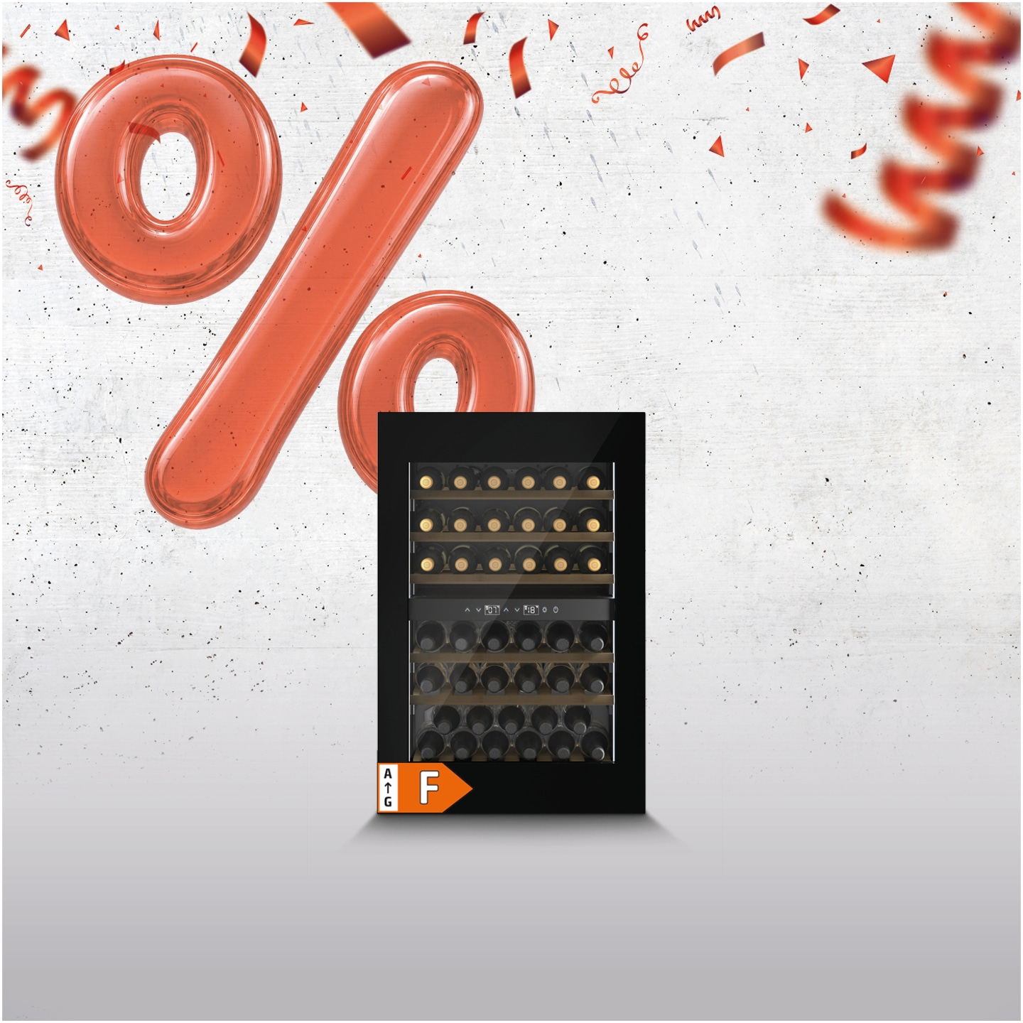 A percentage sign above a wine cooler with energy label F and red confetti.