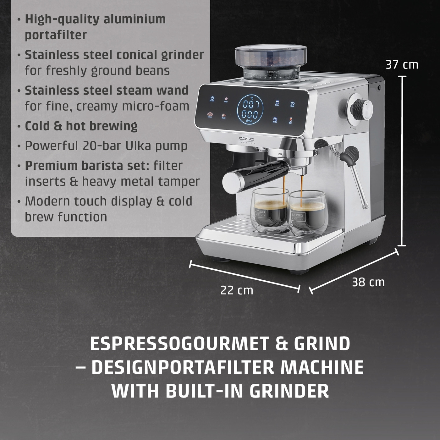 Espresso machine with portafilter, grinder and touch display
