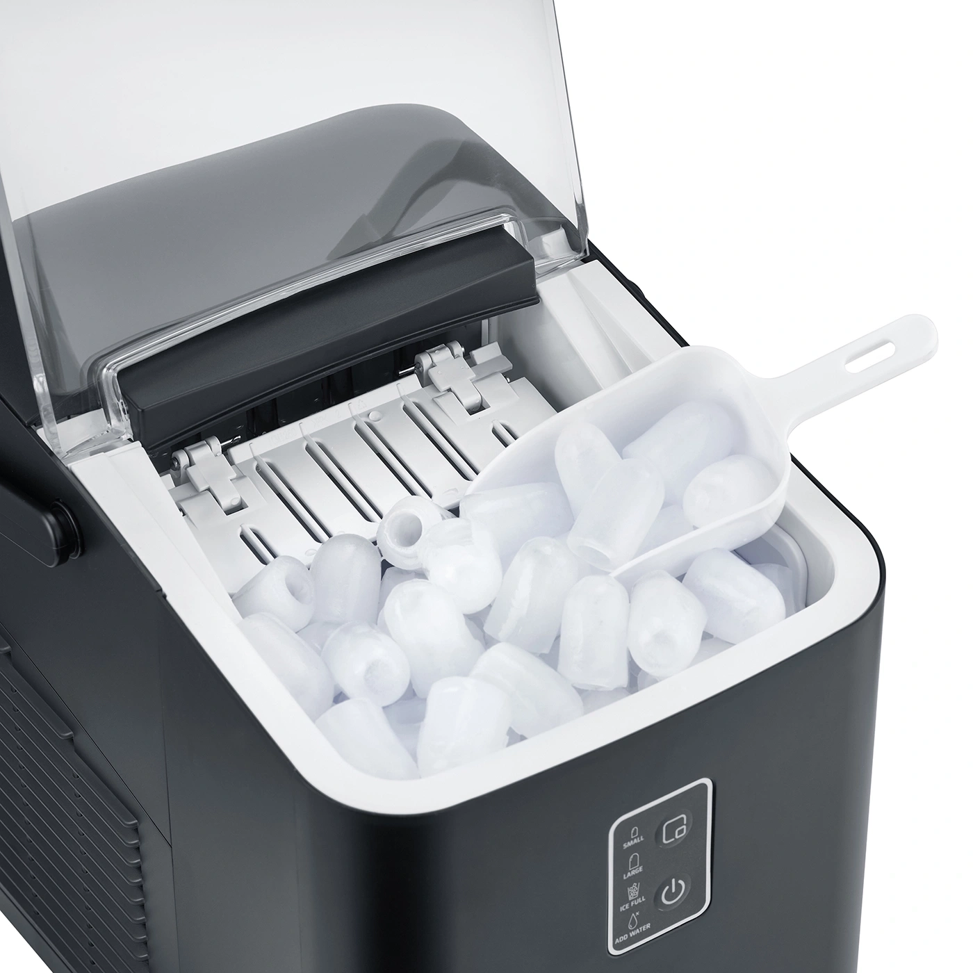 Ice maker with ice cubes and scoop, ready to serve and make drinks.