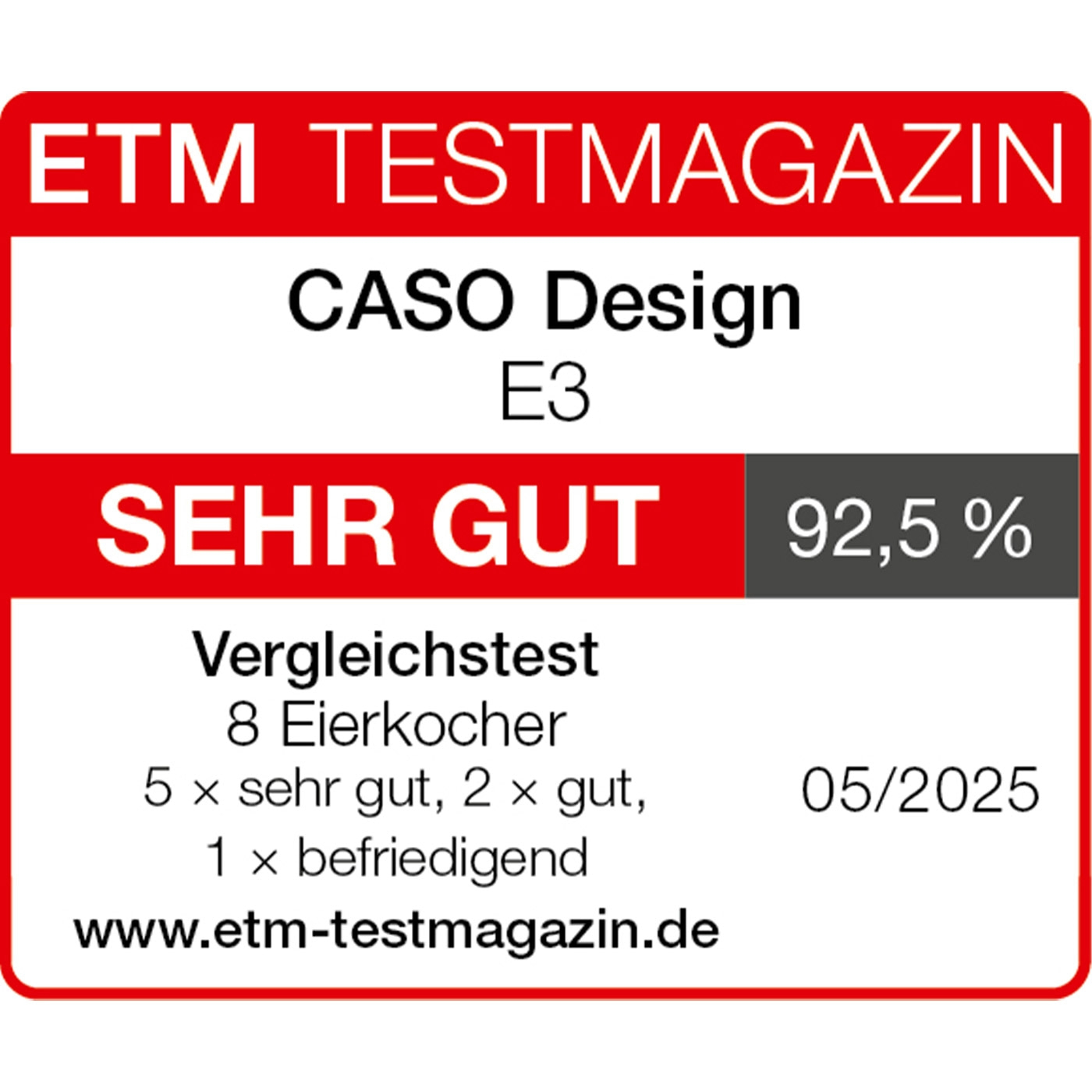 ETM Test Magazine review: CASO Design E3, rating: Very Good, 92.5%, test 05/2025