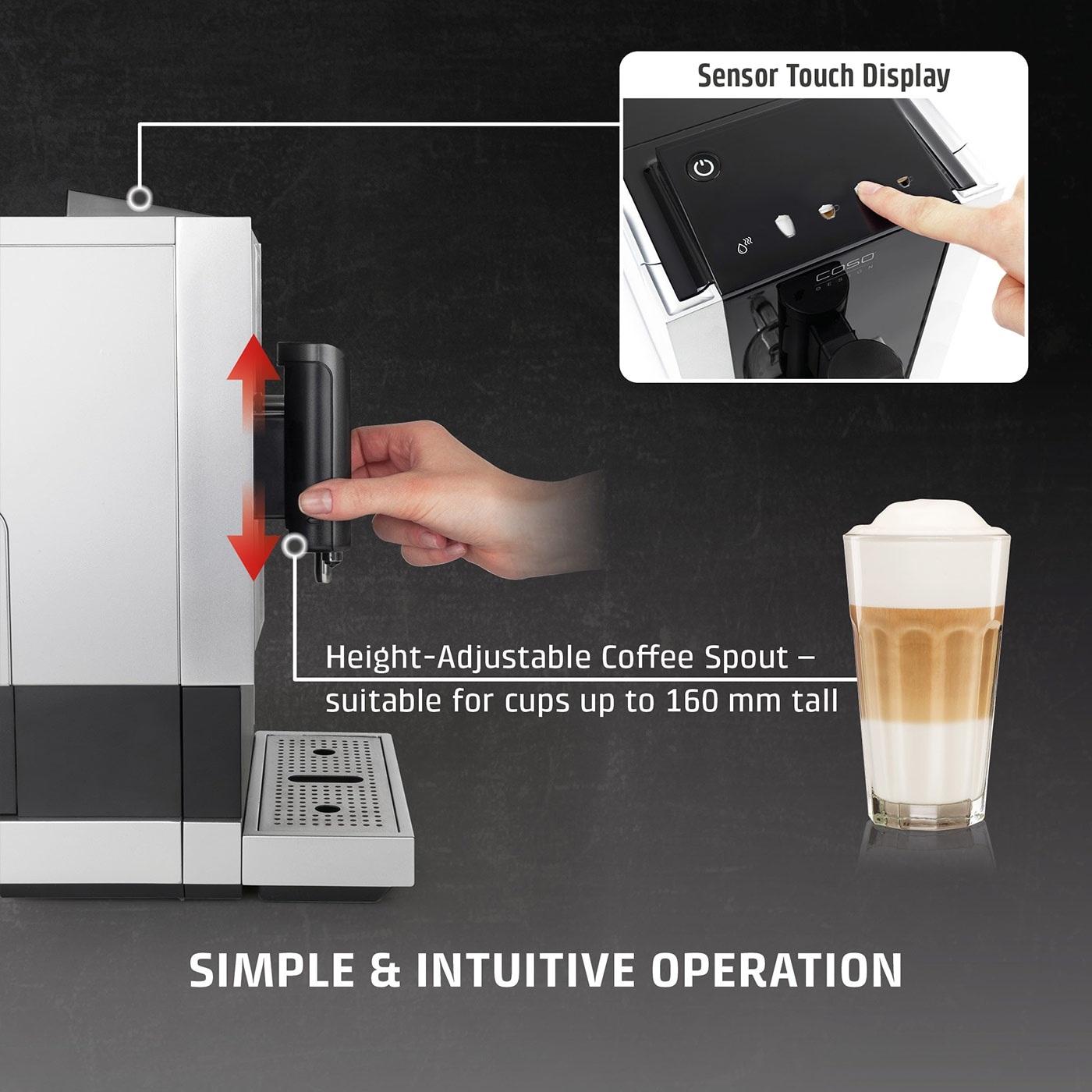 Coffee machine with sensor touch display and adjustable coffee outlet for easy operation.