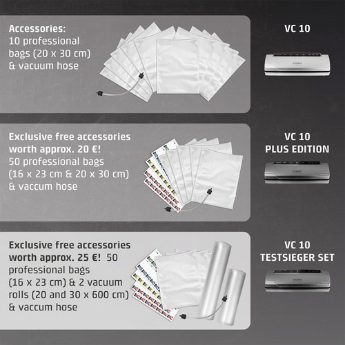 Vacuum sealer accessory sets: VC 10, VC 10 Plus Edition, VC 10 Test Winner Set with bags and hoses.