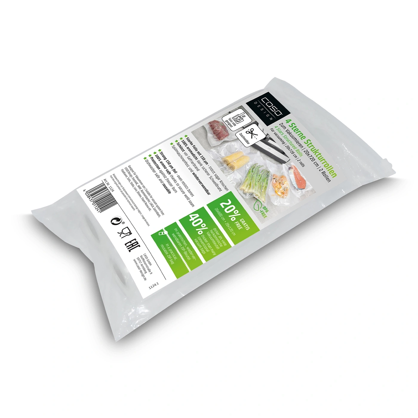 Packaging with vacuum rolls, 4 stars, 20x720cm, BPA-free, reusable, ZIP bag
