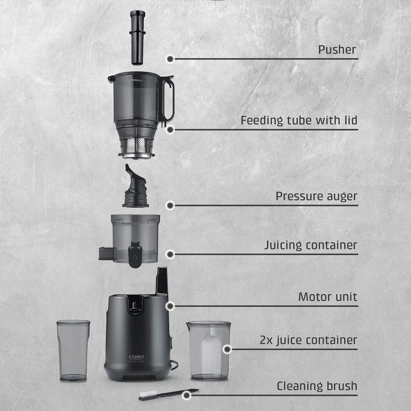 Exploded view of a juicer with all individual parts and labels.