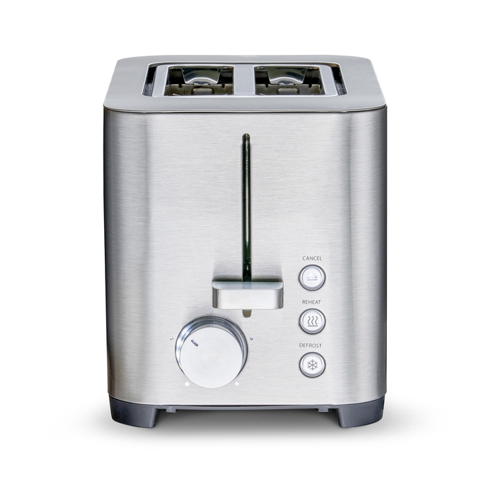 Silberner Toaster mit Knöpfen und einem Drehknopf zum Einstellen der Bräunungsstufe.