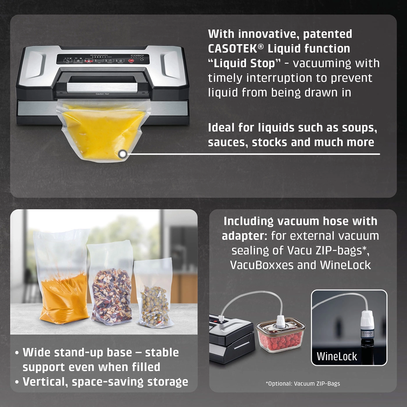 Vacuum sealer with accessories for liquids, bags, and containers.