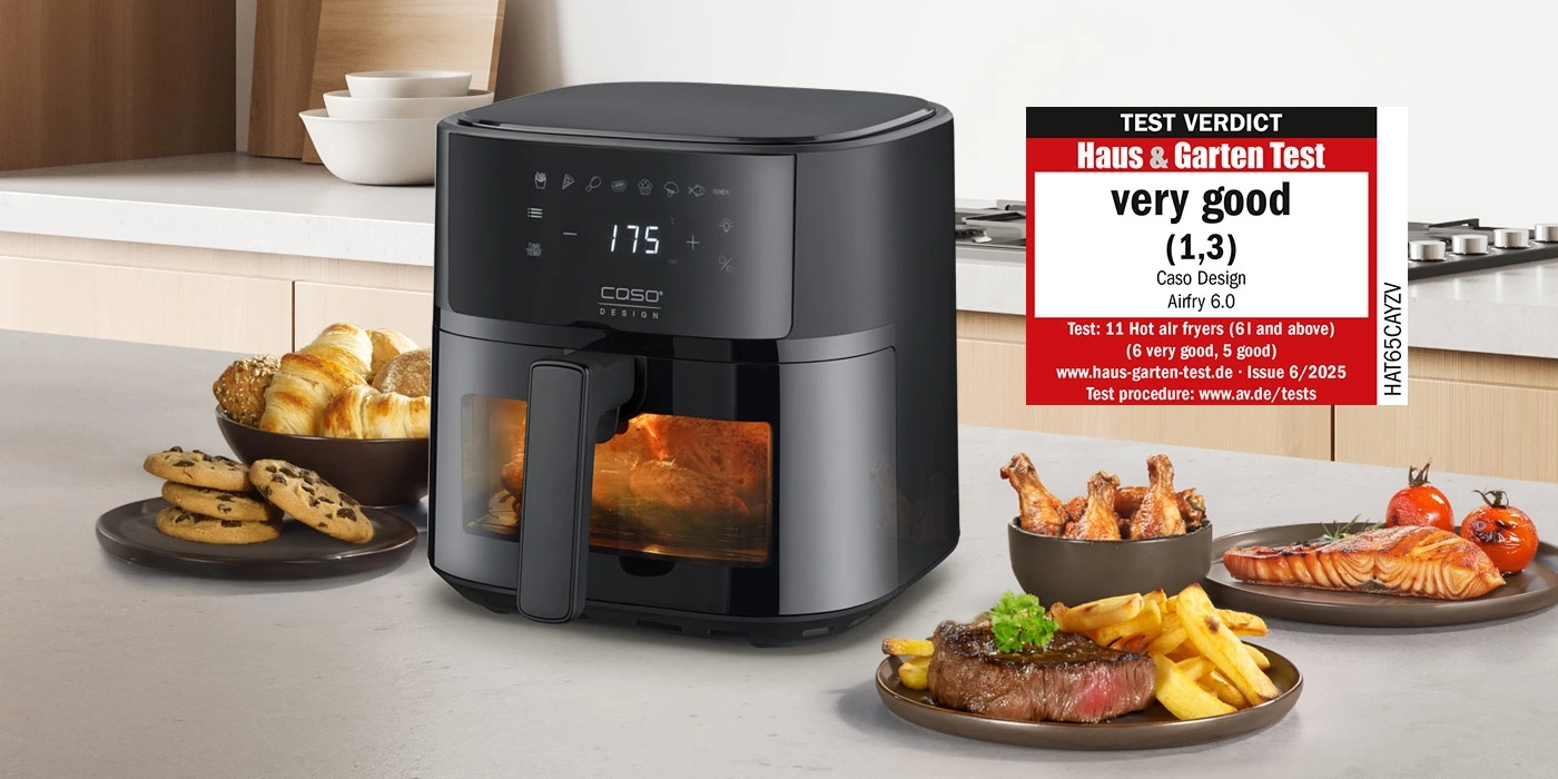 A black Caso Airfryer with food and test verdict