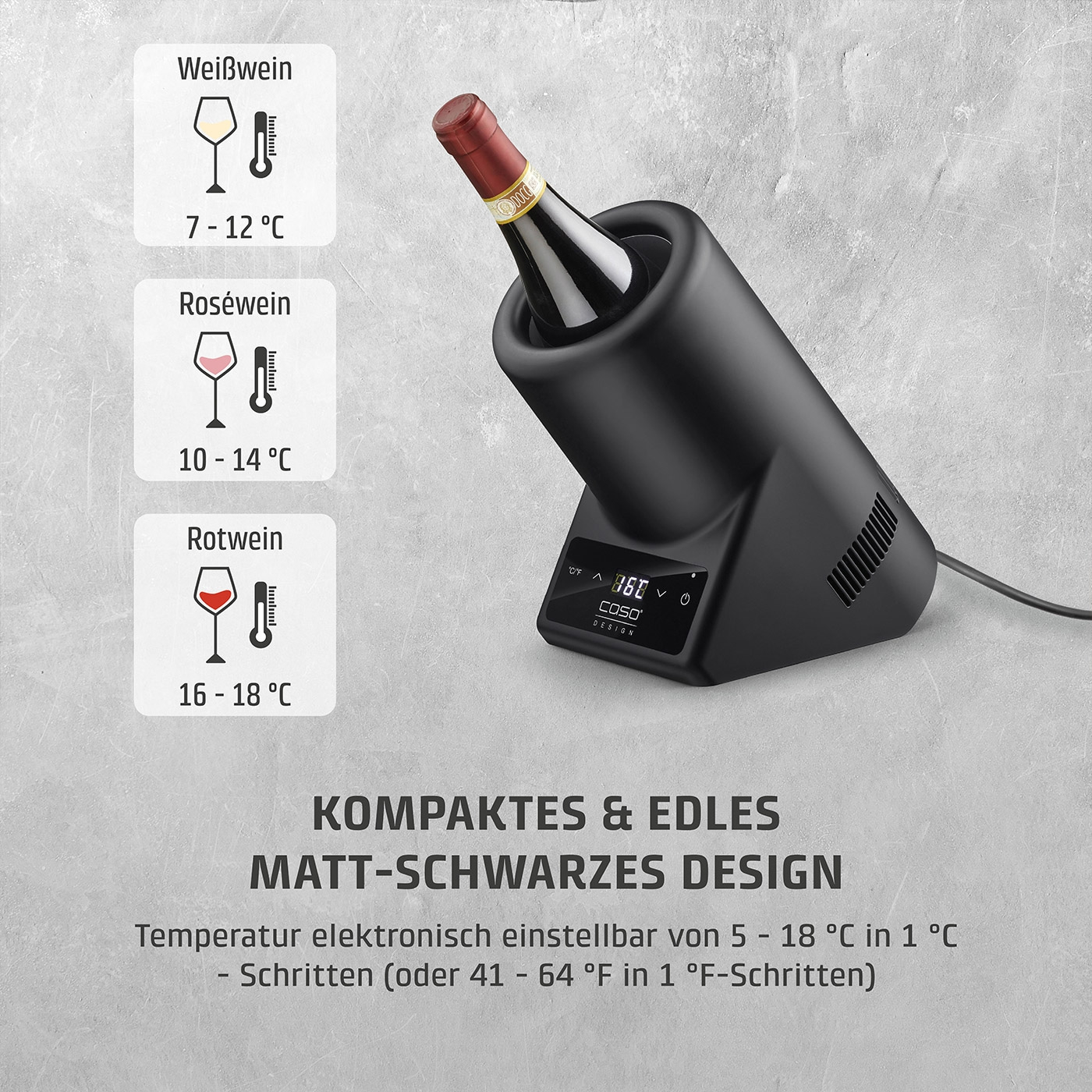 Weinkühler mit Temperaturanzeige für Weiß-, Rosé- und Rotwein.