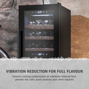 Wine cooler with text: Vibration-free storage for full flavor and taste.