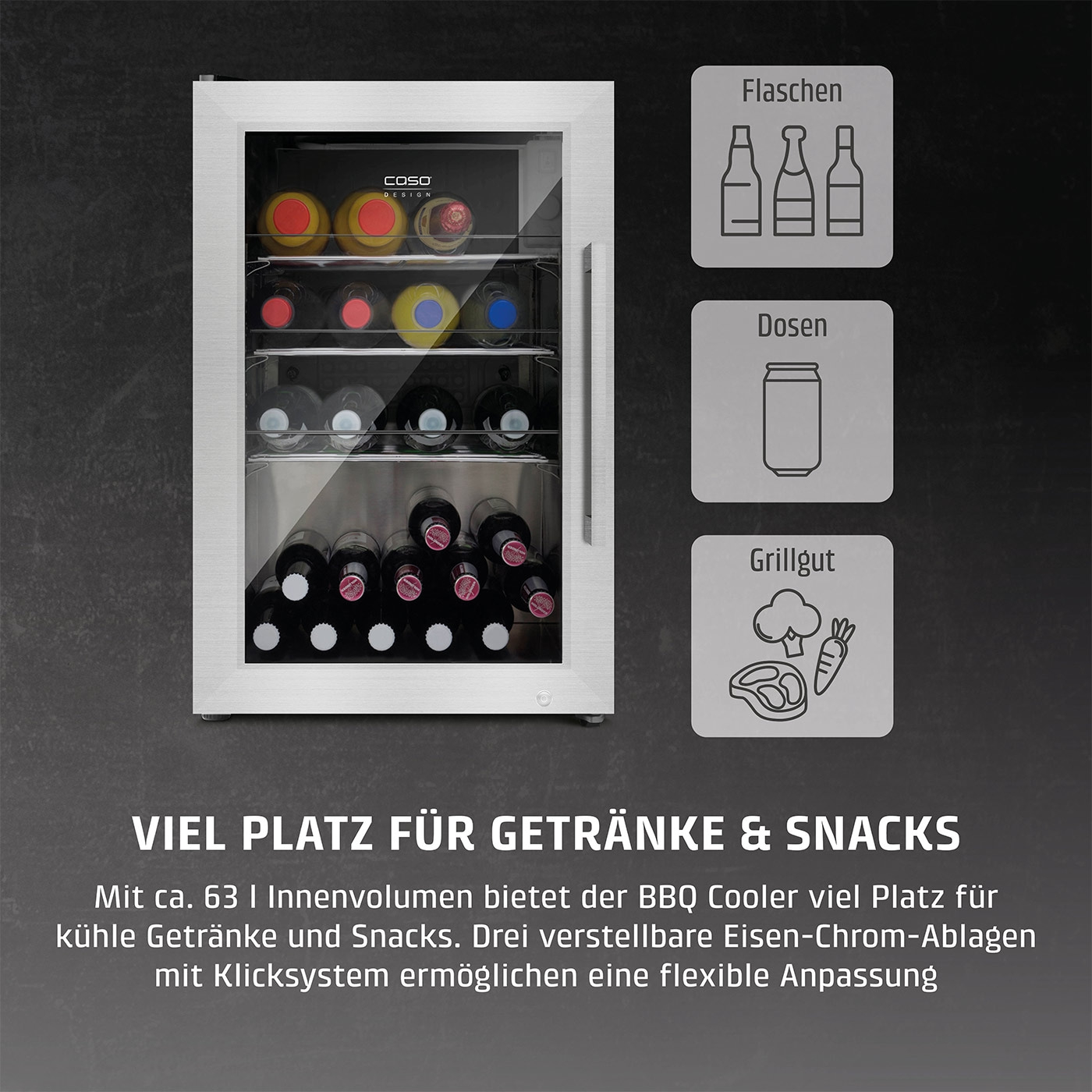 Kühlschrank mit Getränken und Snacks, viel Platz, BBQ Cooler, Flaschen, Dosen, Grillgut.
