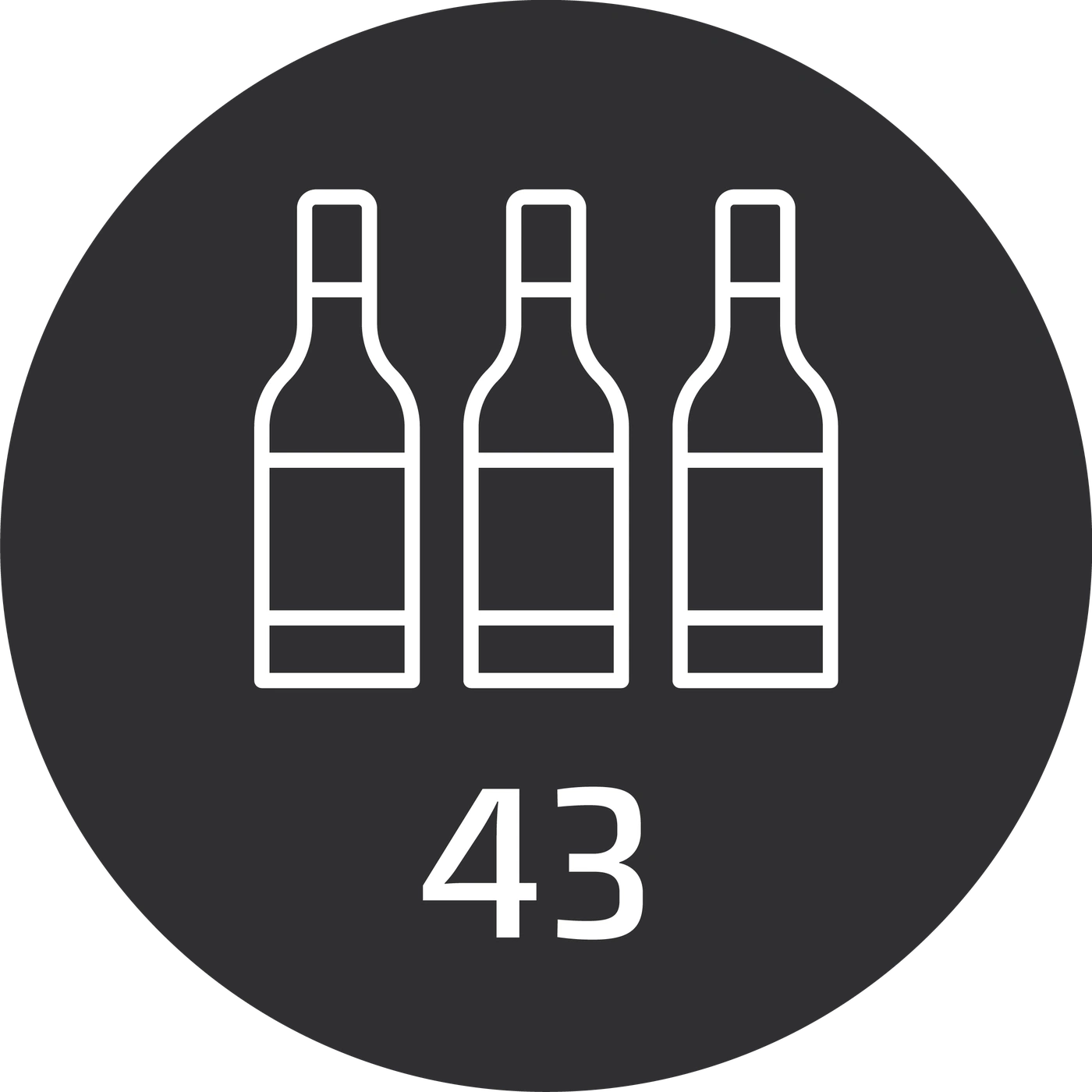 Circle with three wine bottles and the number 43 in white font