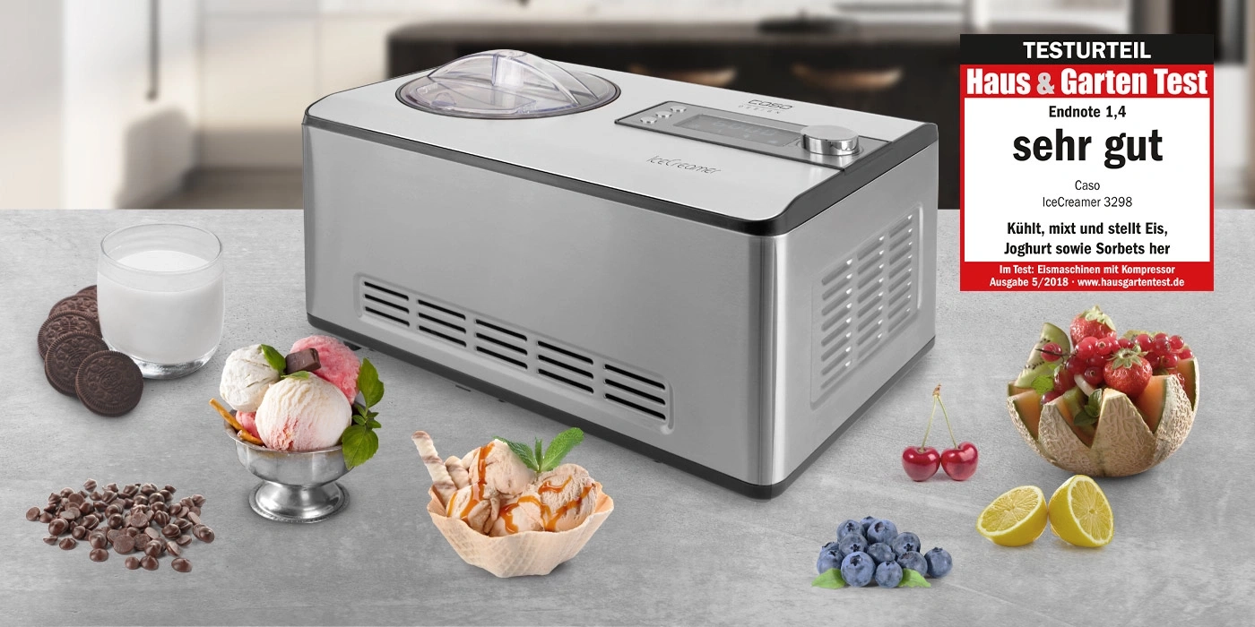 Eismaschine mit Eis, Joghurt und Früchten, sehr gut bewertet, Haus & Garten Test.