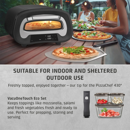 Pizza oven with pizza and people eating and enjoying pizza.