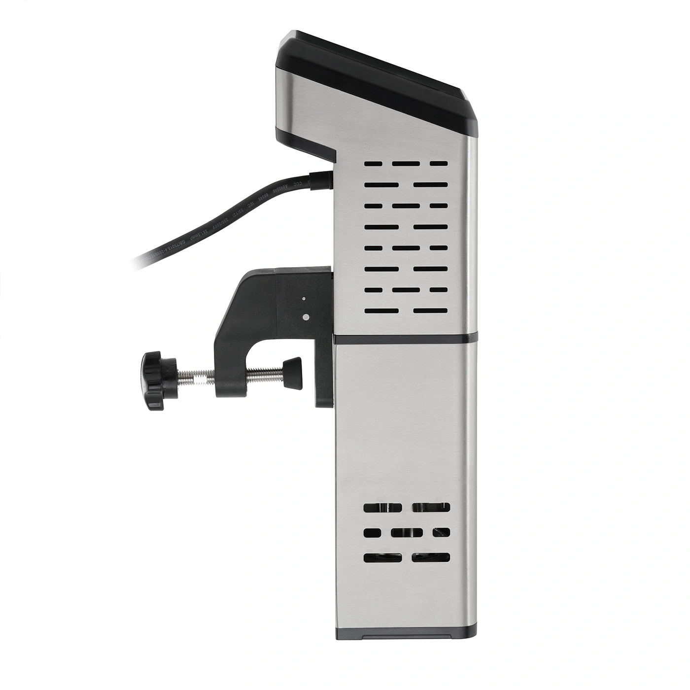 Sous vide cooker with clamp and power cord, stainless steel design, for precise cooking.