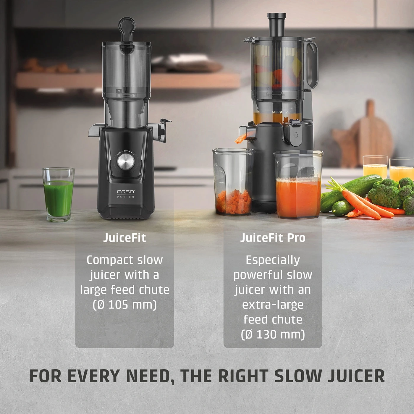 Two Caso Slow Juicer models, JuiceFit and JuiceFit Pro, with different feeding chutes and juices.