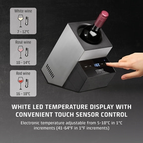 Wine cooler with temperature display and sensor touch operation for white, rosé, and red wine.