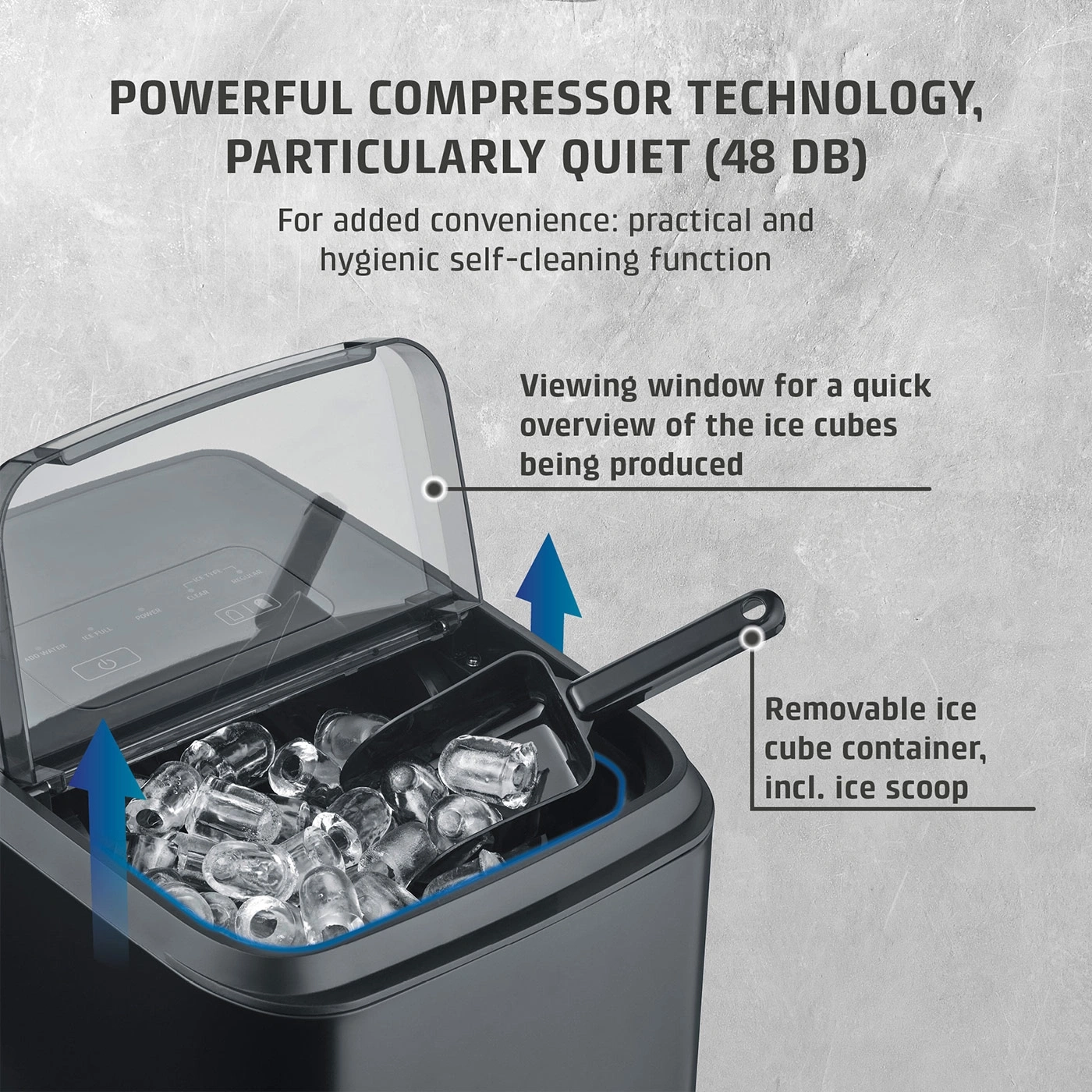 Ice maker with removable bin and scoop