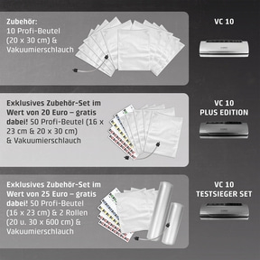 VC 10 PlusEdition Vakuumiergerät mit extra viel gratis Zubehör. Stiftung Warentest Testsieger GUT (2,0), Ausgabe 01/2018