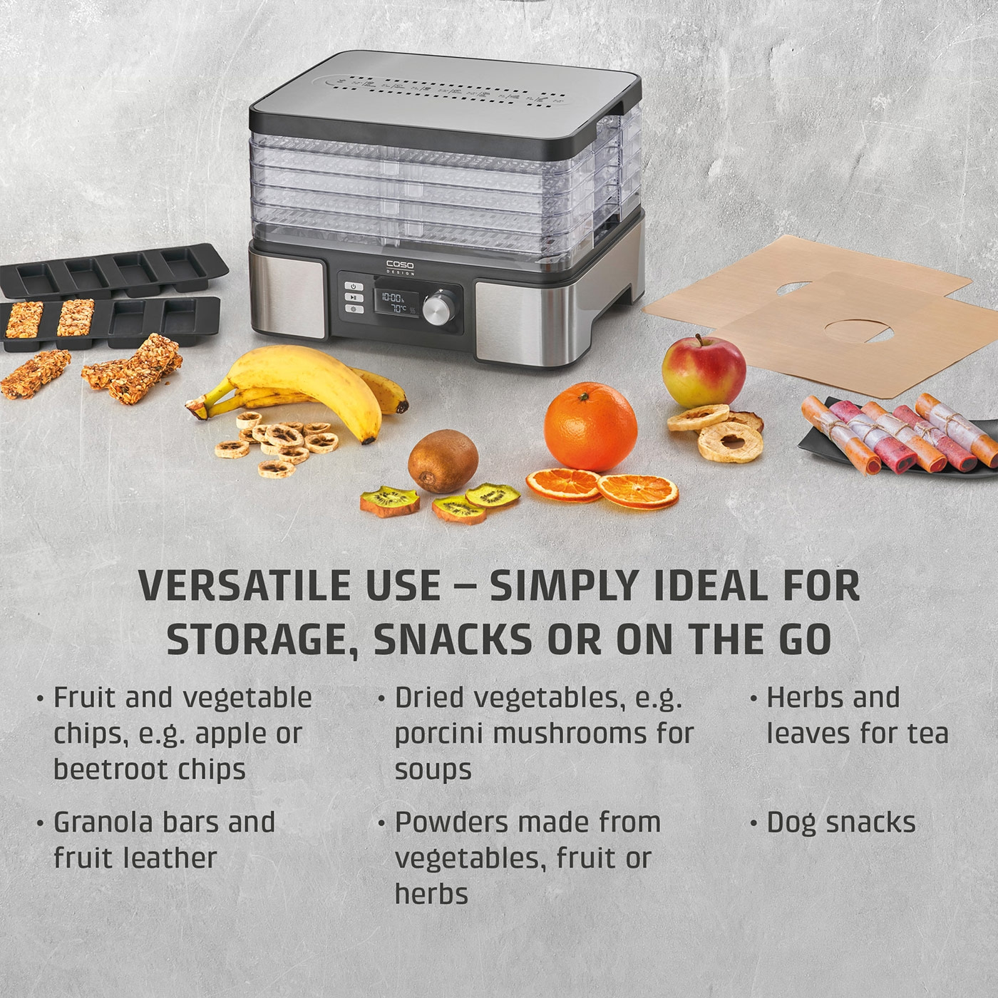Food dehydrator with fruits and vegetables for snacks and storage