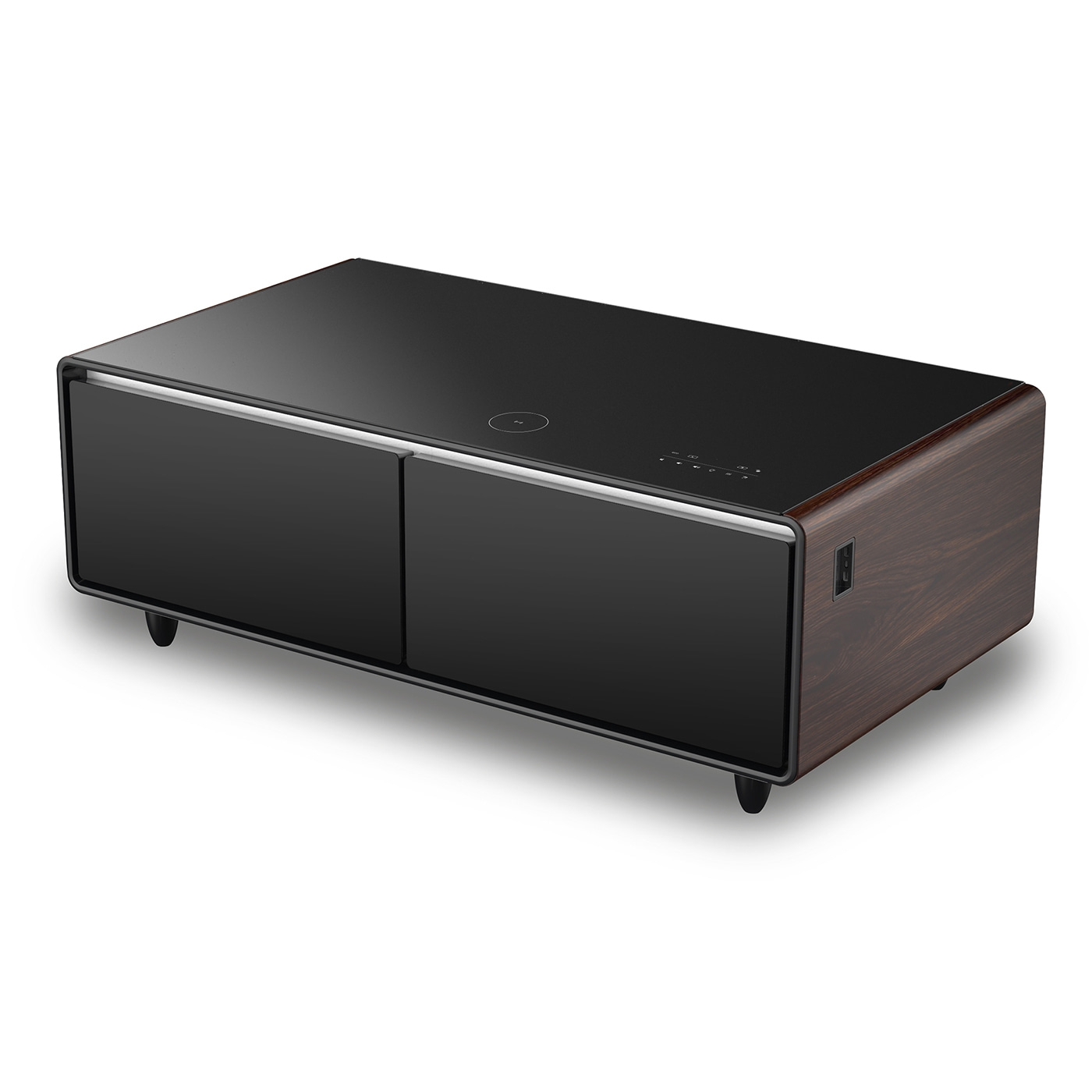 Schwarzer Couchtisch mit Holzmaserung und Glasplatte, modernes Design