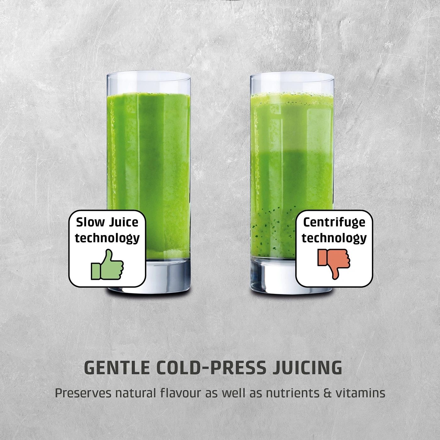 Two glasses of green juice, one with thumbs up for slow juice technology, the other with thumbs down for centrifugal technology.