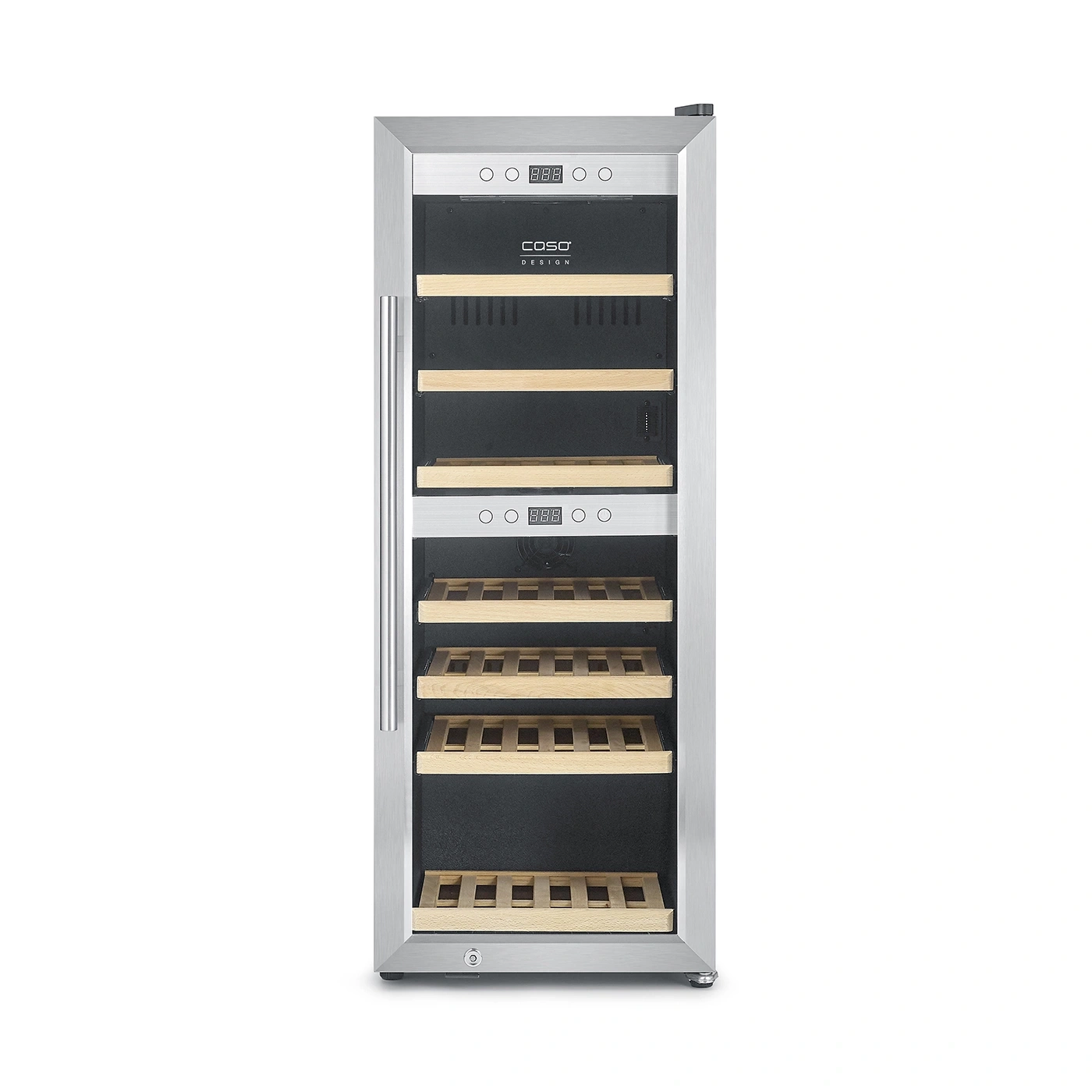 Ein moderner silberner Weinkühlschrank mit Holzböden und digitaler Anzeige.